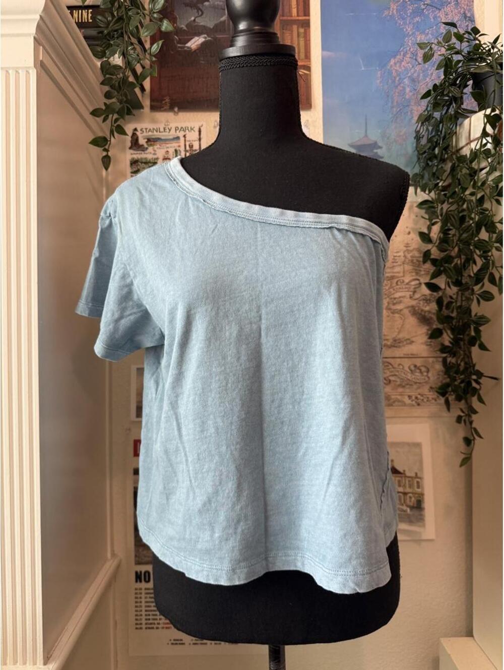 We The Free Light Blue Washed Asymmetrical Off Shoulder Tee